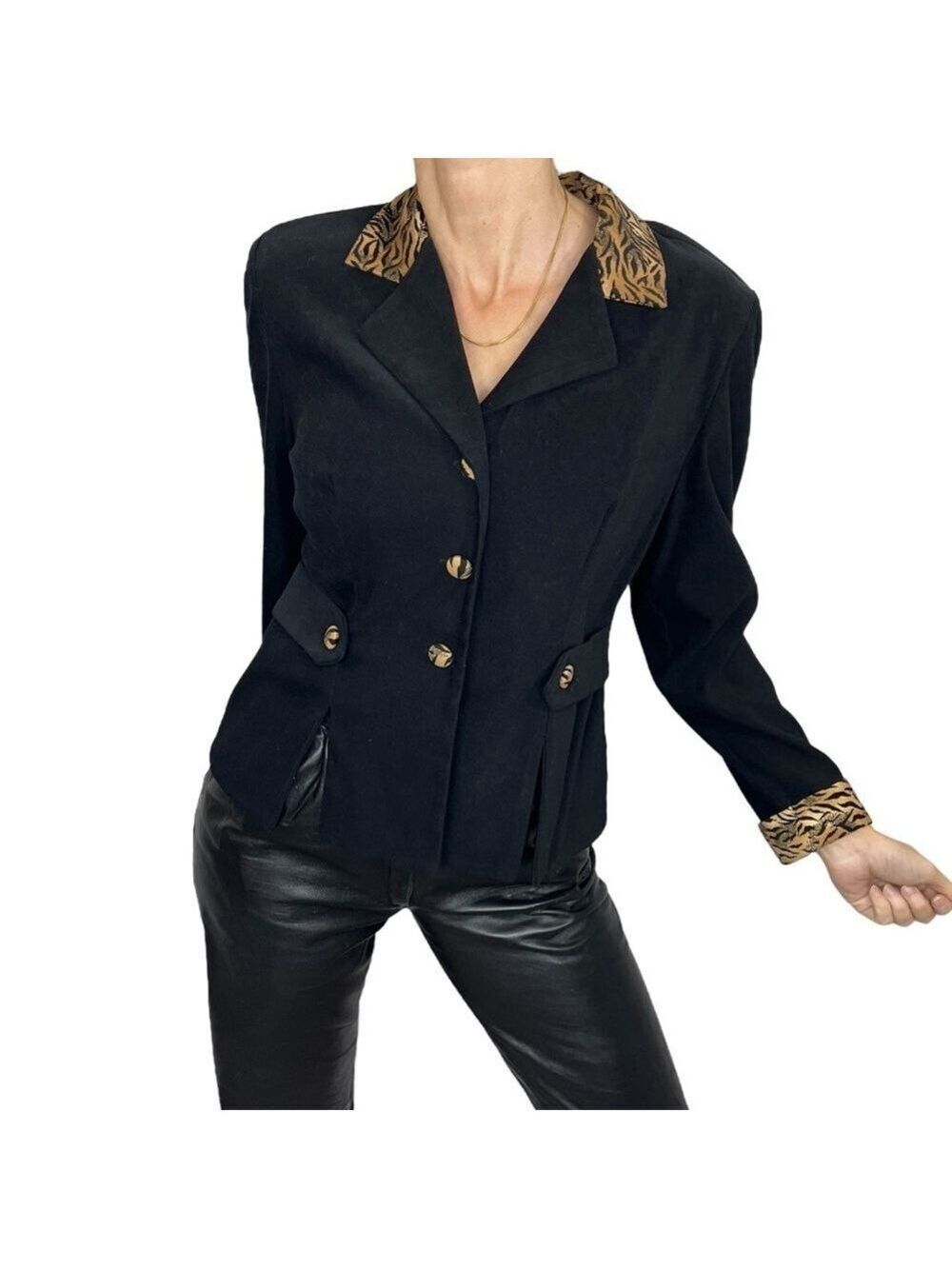 Vintage 90s black tiger print detail tailored black jacket 6P
